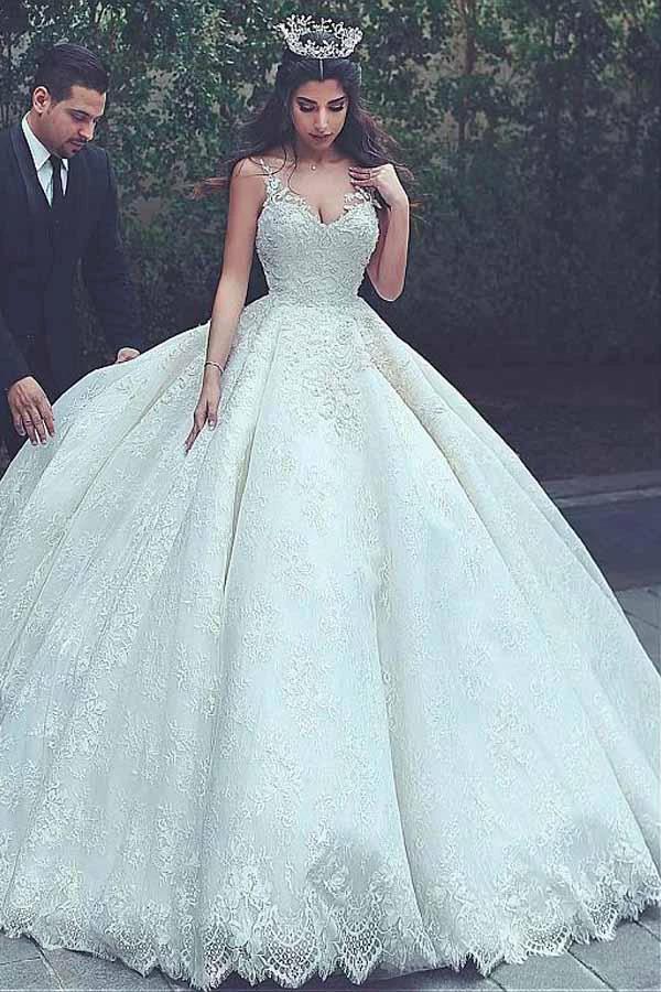 V-neck Neckline Ball Gown Wedding Dresses With Lace Appliques (ZD15412) - VelvetHem