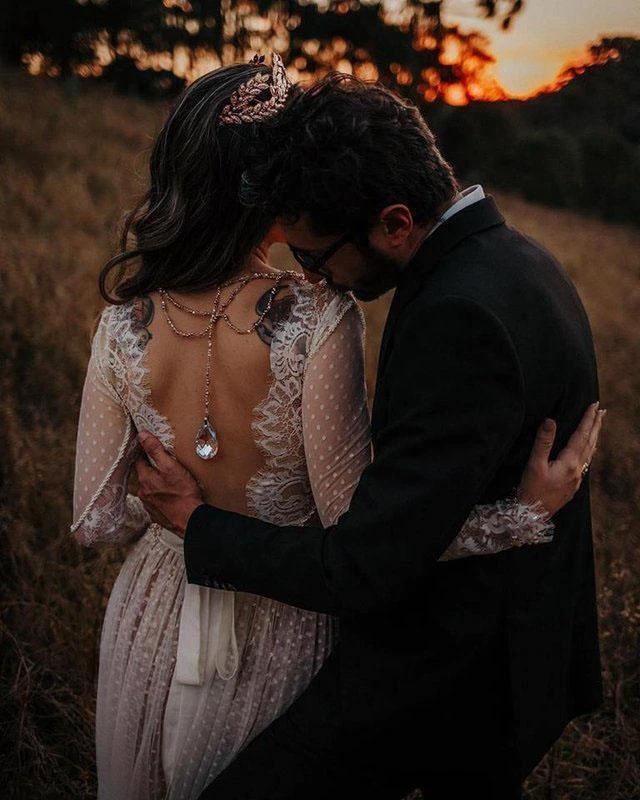 V-Neck Polka Dot Lace Open Back Long Sleeve Boho Bridal Gown (ZD16323)