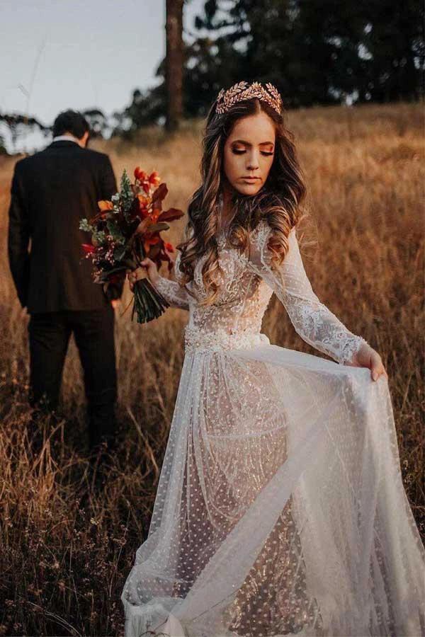 V-Neck Polka Dot Lace Open Back Long Sleeve Boho Bridal Gown (ZD16323)