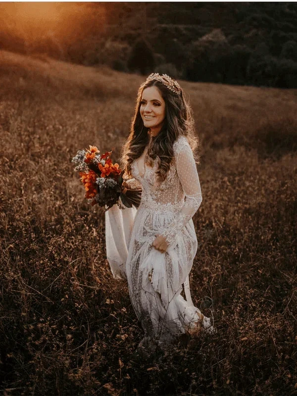 V-Neck Polka Dot Lace Open Back Long Sleeve Boho Bridal Gown (ZD16323)