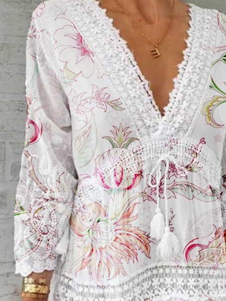 V Neck Printed Three Quarter Sleeve Casual Dress