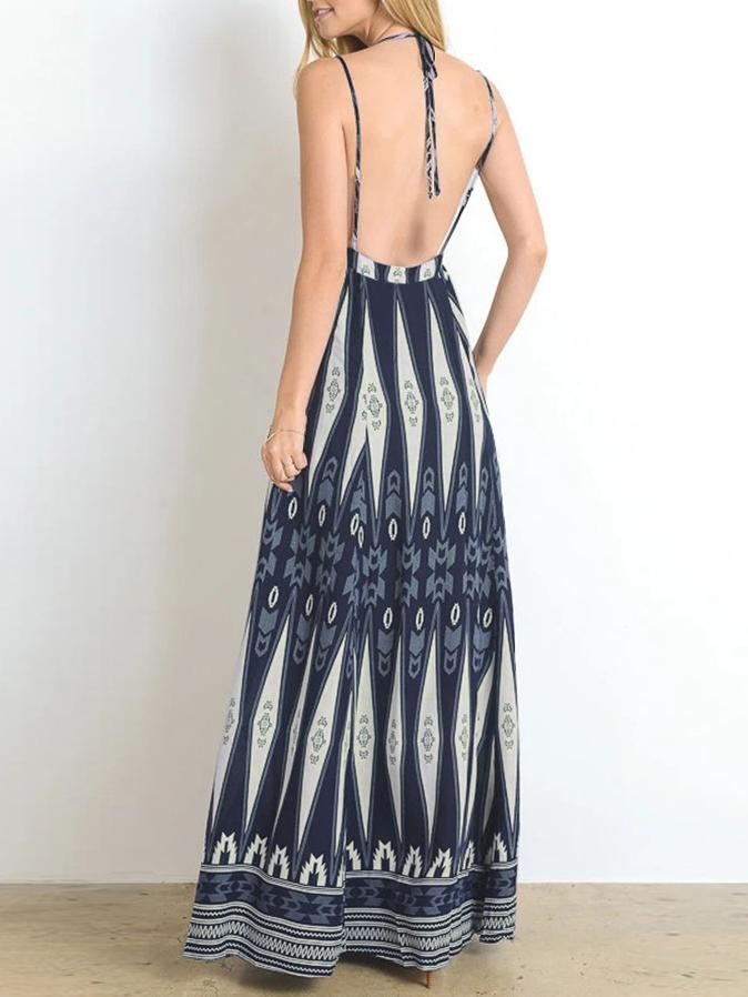V neck Retro Print Suspender Long Dress