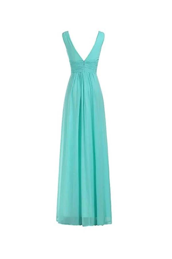 V-Neck Ruched Waist Long Prom Evening Gown Bridesmaid Dress (ZD13184)