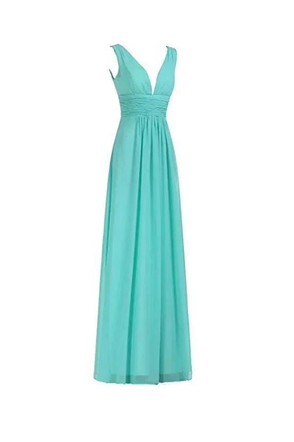 V-Neck Ruched Waist Long Prom Evening Gown Bridesmaid Dress (ZD13184)