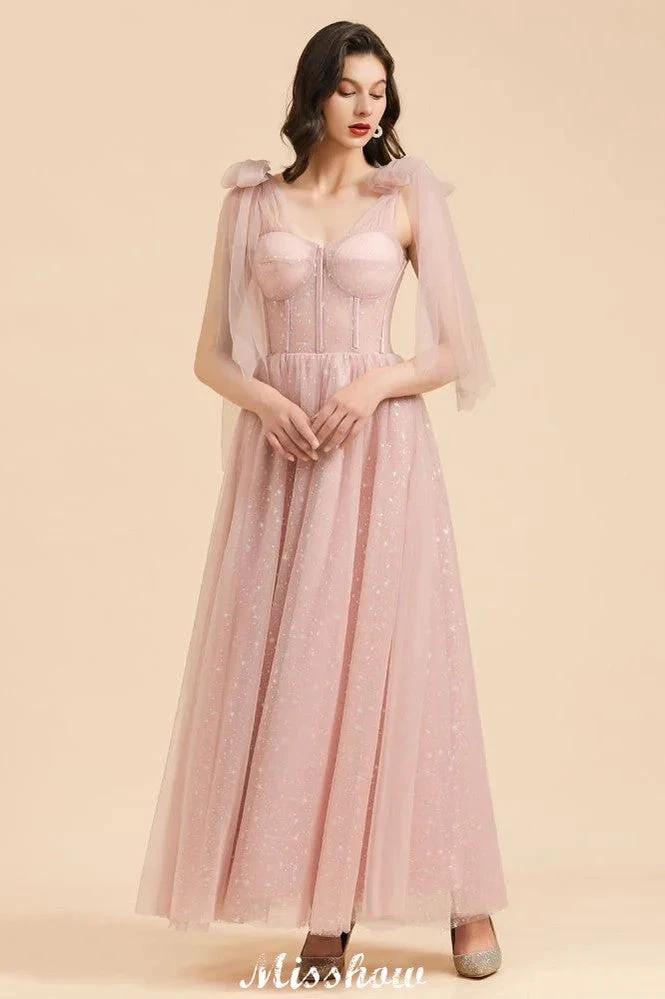 V-Neck Ruffle Chffion Sleeves Aline Bridesmaid Dress Dusty Pink Wedding party Dress (ZD12894)