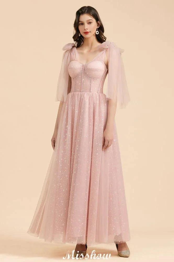 V-Neck Ruffle Chffion Sleeves Aline Bridesmaid Dress Dusty Pink Wedding party Dress (ZD12894) - VelvetHem