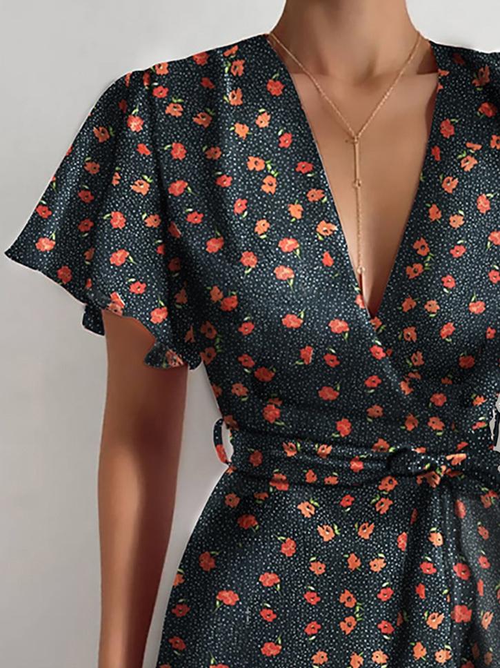 V neck Ruffled Belt Wrap Mini Dress