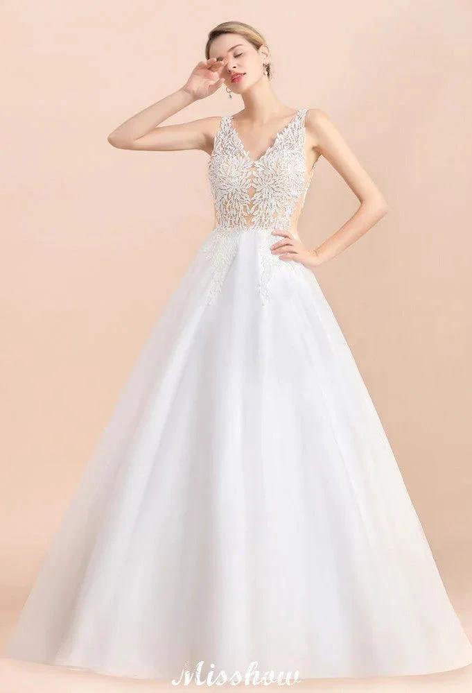 V-Neck See-through Lace Aline Wedding Dress Floor length Princess Bridal Gown (ZD13966)
