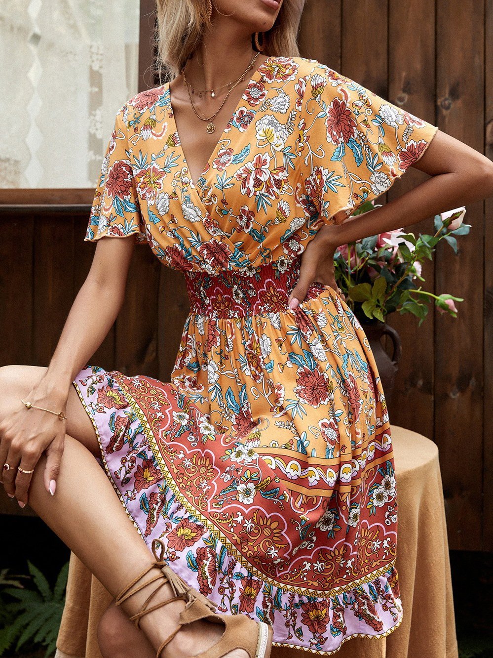 V Neck Short Sleeve Boho Print Dress