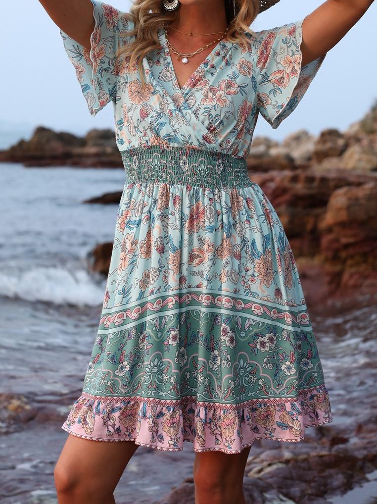 V Neck Short Sleeve Boho Print Dress