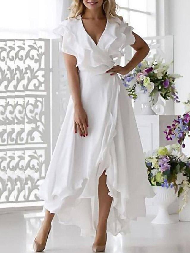 V Neck Short Sleeve Ruffled Elegant Dress