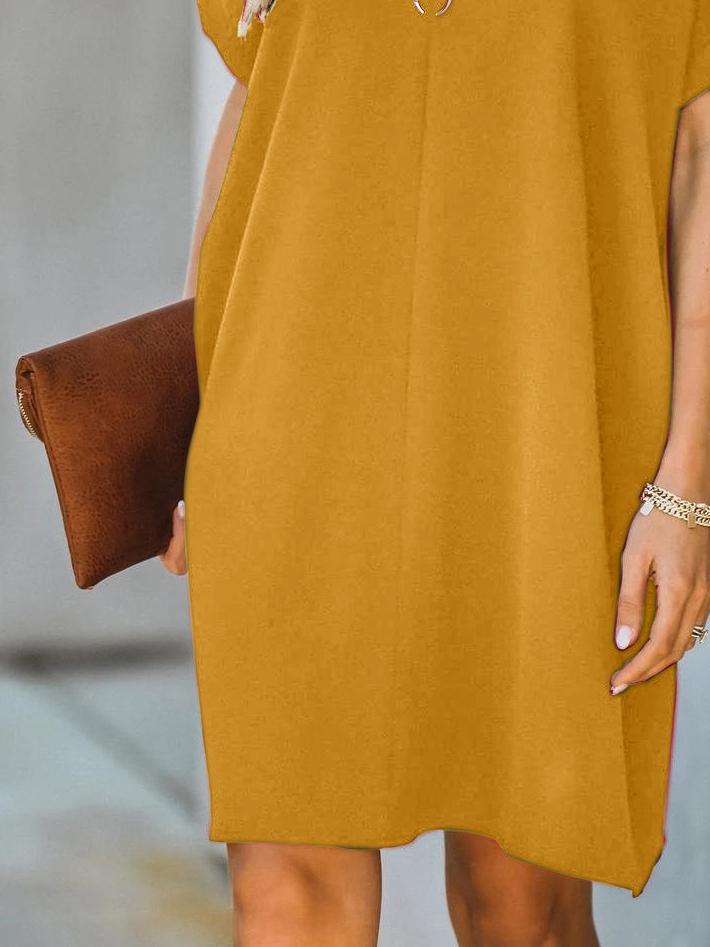 V neck Short Sleeve Solid Color Loose Dress