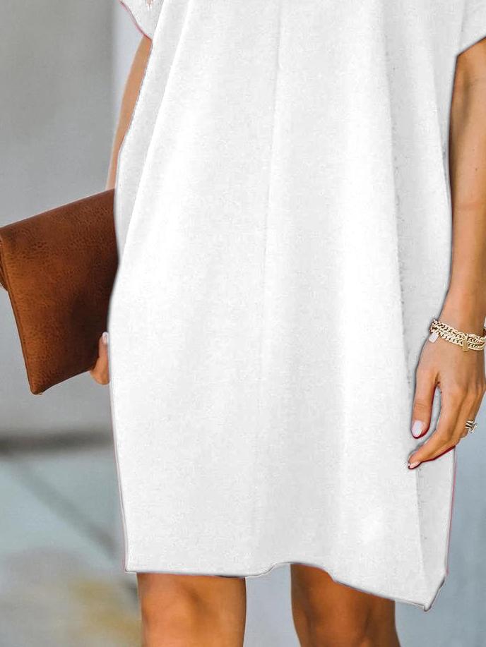 V neck Short Sleeve Solid Color Loose Dress