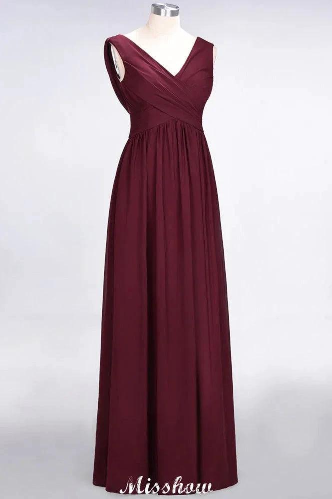 V-Neck Sleeveless Floor-Length Bridesmaid Dress Aline Ruffles Chiffon Party Gown (ZD12911)