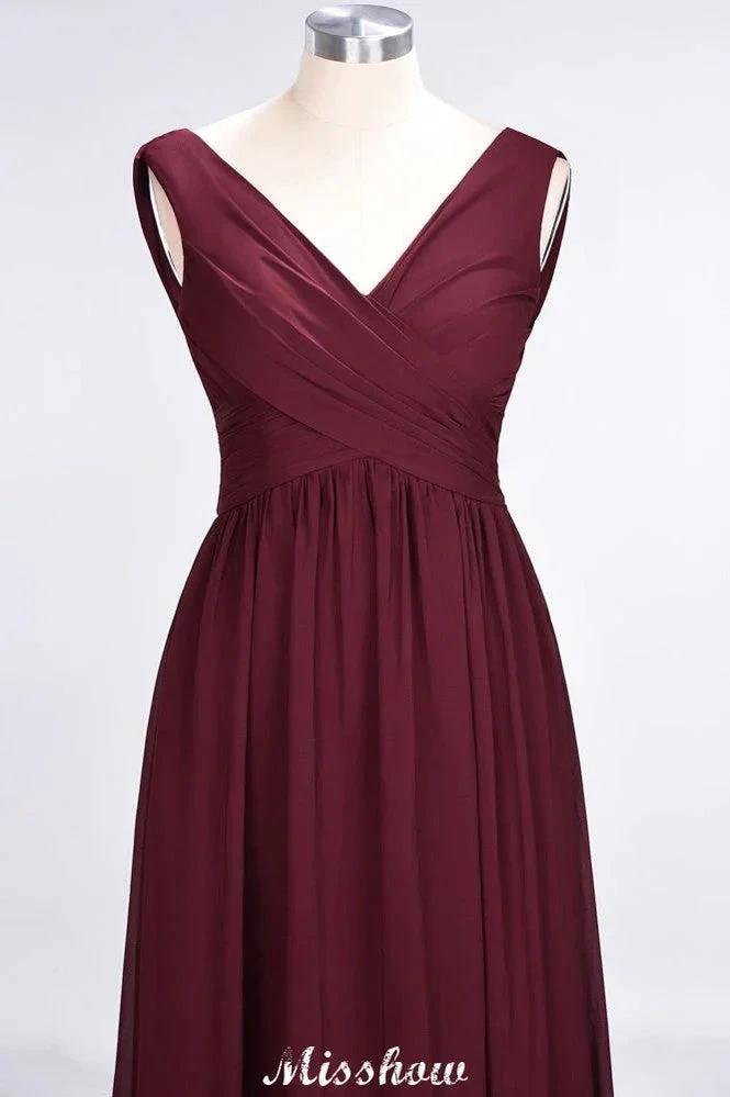 V-Neck Sleeveless Floor-Length Bridesmaid Dress Aline Ruffles Chiffon Party Gown (ZD12911)