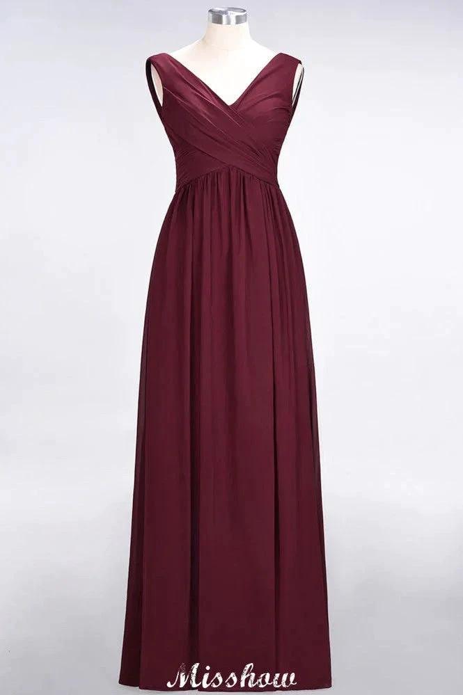 V-Neck Sleeveless Floor-Length Bridesmaid Dress Aline Ruffles Chiffon Party Gown (ZD12911) - VelvetHem