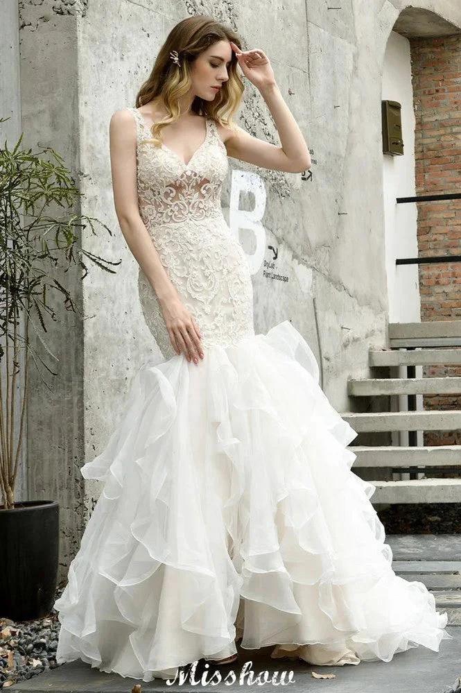 V-Neck Sleeveless Floral Lace Mermaid Bridal Gown Garden Puffy Tulle Slim Wedding Dress by misshow.com