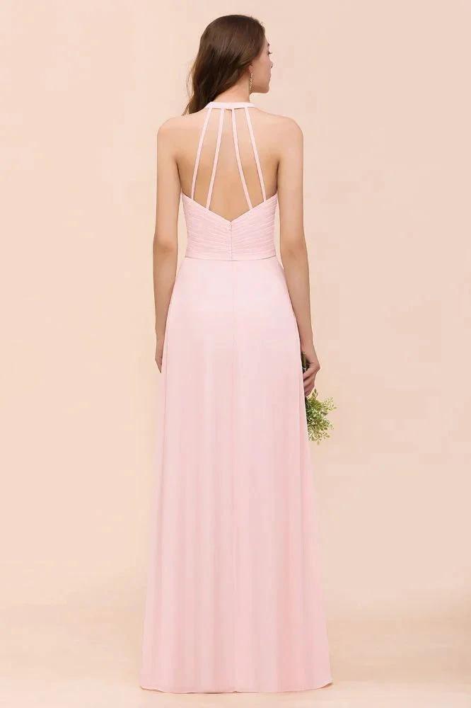 V-Neck Sleeveless Maxi Bridesmaid Dress Pink Chiffon Beach Wedding Dress (ZD12966)