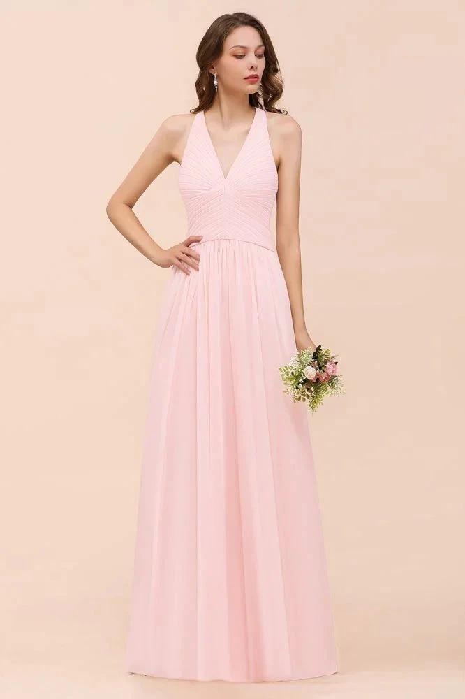 V-Neck Sleeveless Maxi Bridesmaid Dress Pink Chiffon Beach Wedding Dress (ZD12966)