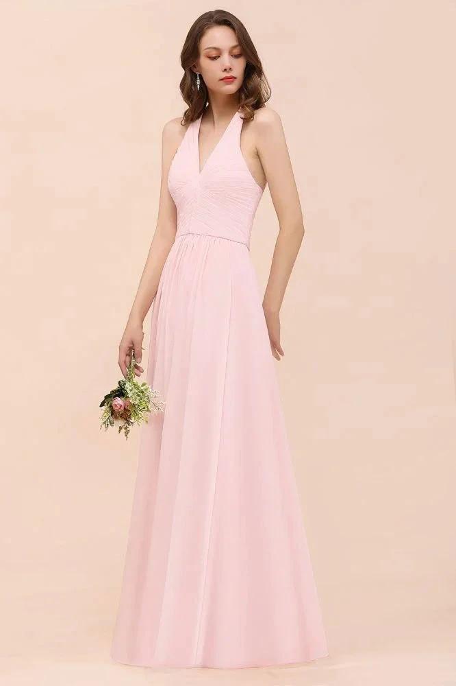 V-Neck Sleeveless Maxi Bridesmaid Dress Pink Chiffon Beach Wedding Dress (ZD12966)