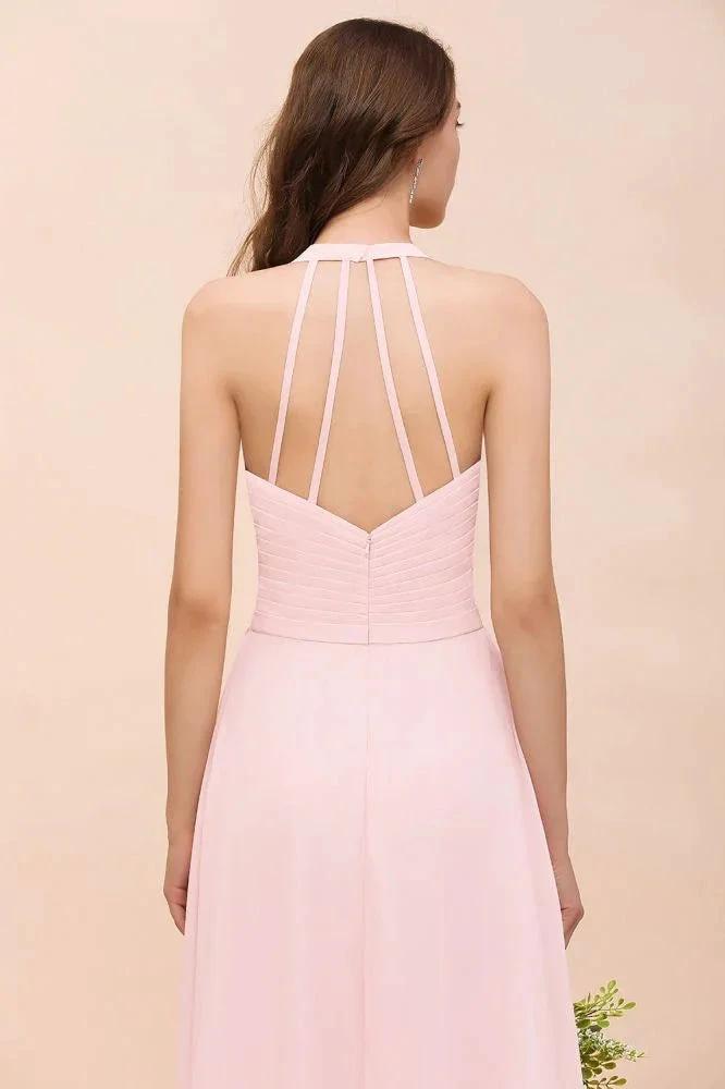V-Neck Sleeveless Maxi Bridesmaid Dress Pink Chiffon Beach Wedding Dress (ZD12966)