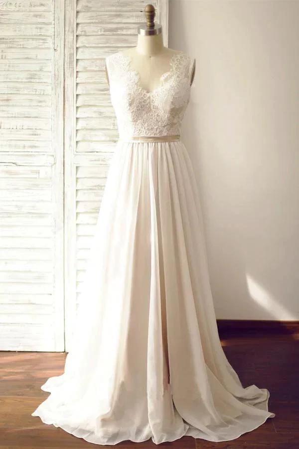 V-neck Sleeveless Open Back Wedding Dress with Lace Sash (ZD16284)