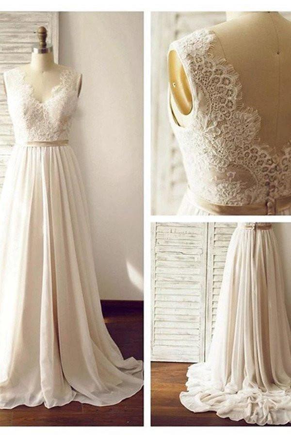 V-neck Sleeveless Open Back Wedding Dress with Lace Sash (ZD16284)
