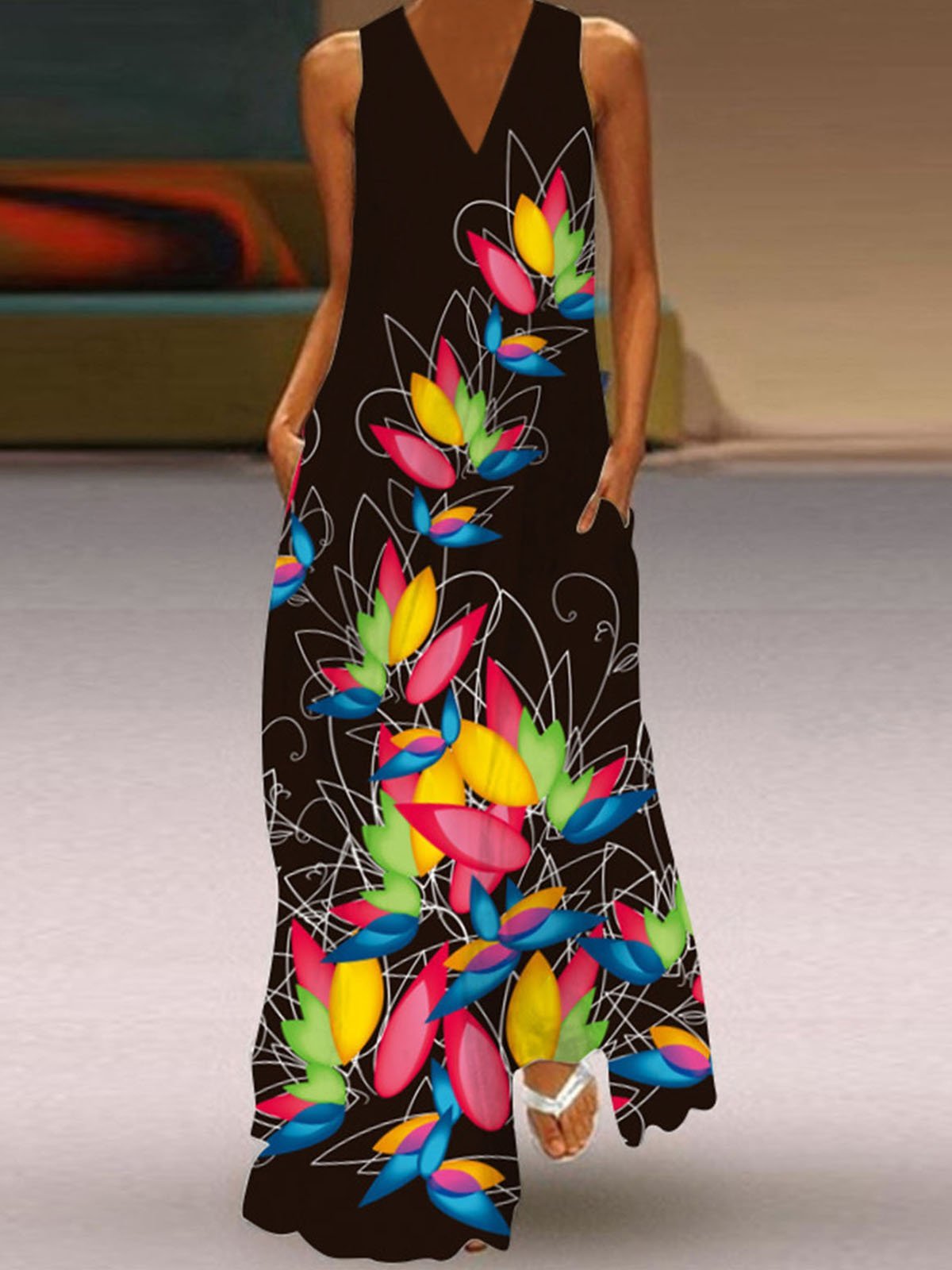 V Neck Sleeveless Printed Casual Dress