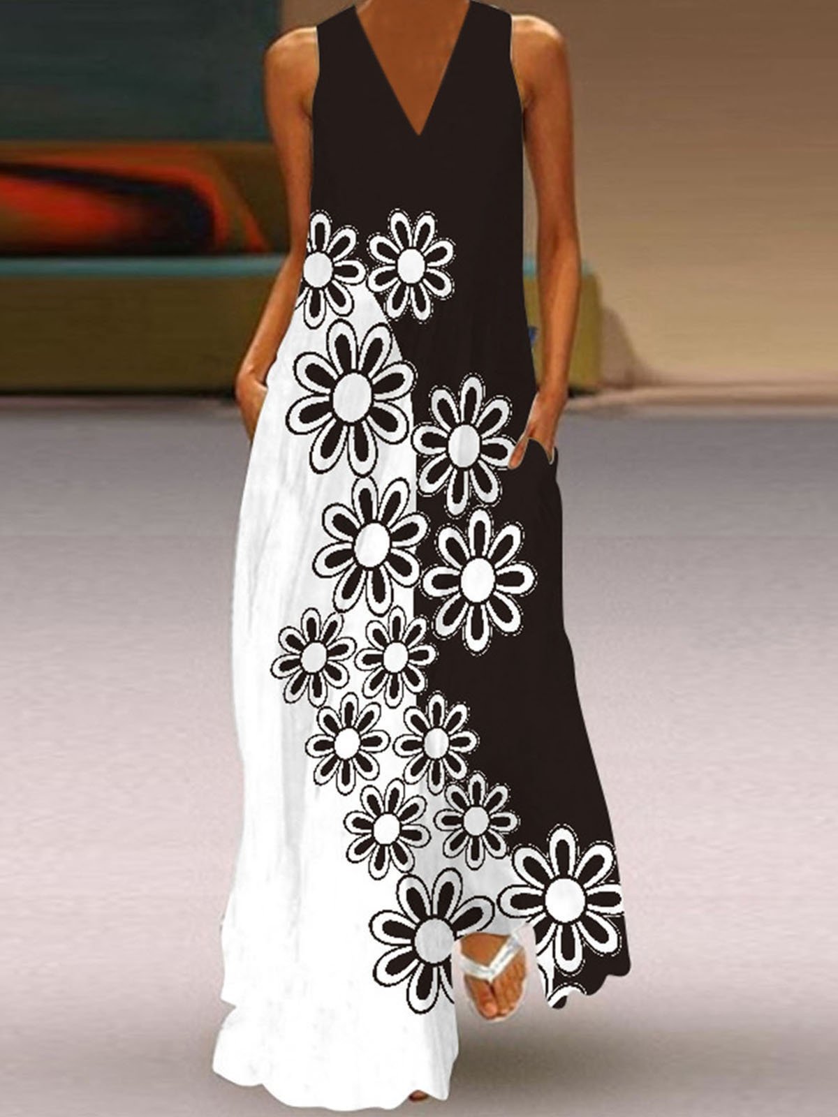 V Neck Sleeveless Printed Casual Dress