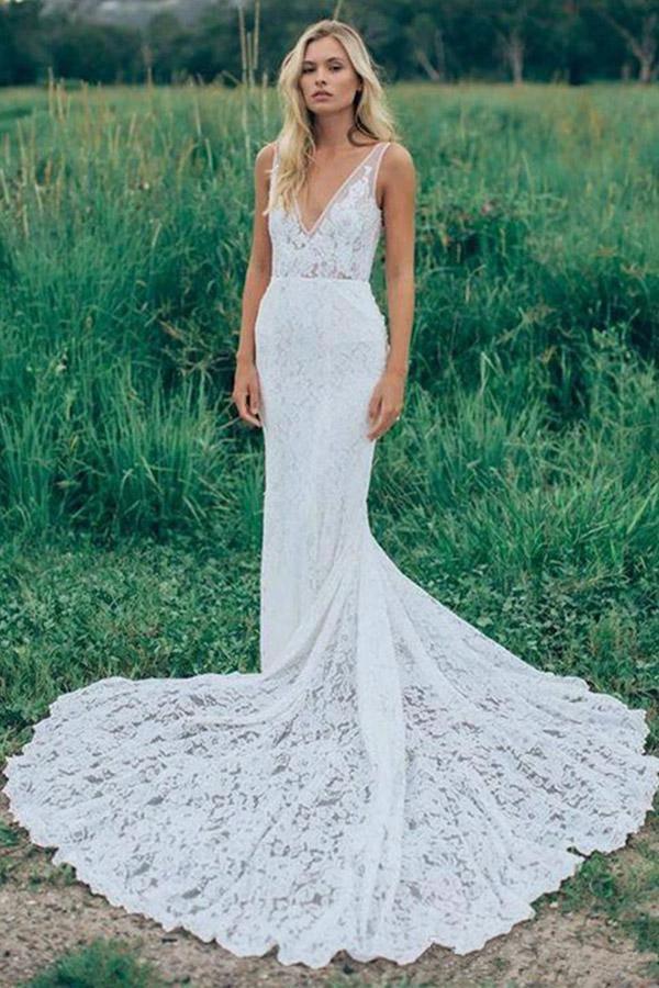 V-Neck Sleeveless Ruched Backless Lace Wedding Dress With Court Train (ZD16037)