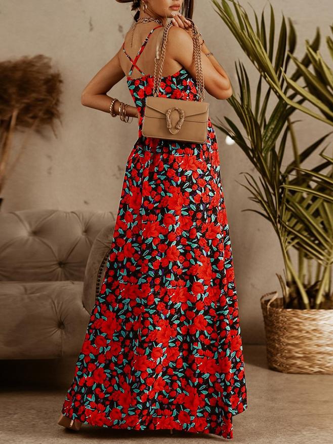 V neck Sling Floral Bohemian Beach Dress