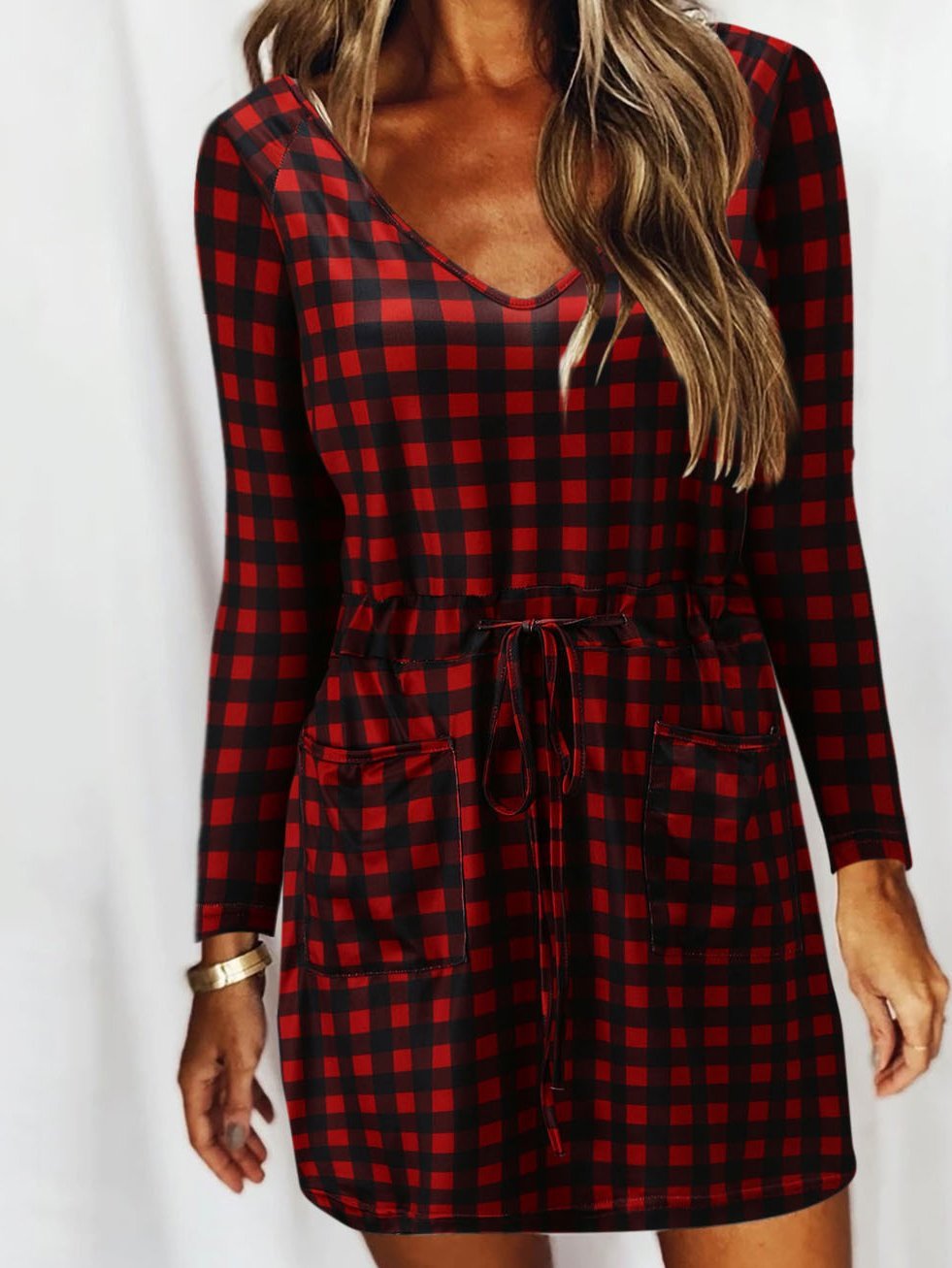 V Neck Slot Pocket Lace Up Long Sleeve Casual Dress