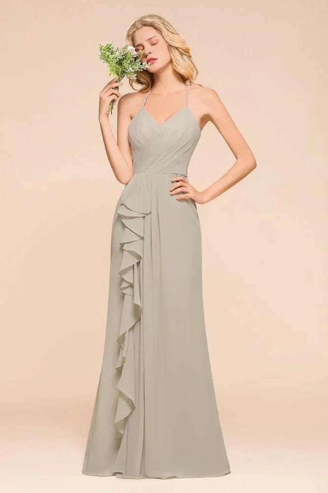 V-Neck Spaghetti Floor Length Folds Bridesmaid Dress (ZD12973) - VelvetHem