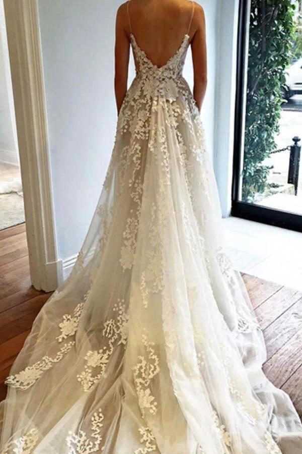 V Neck Spaghetti Straps Appliques Court Train Tulle Wedding Dress (ZD15416)