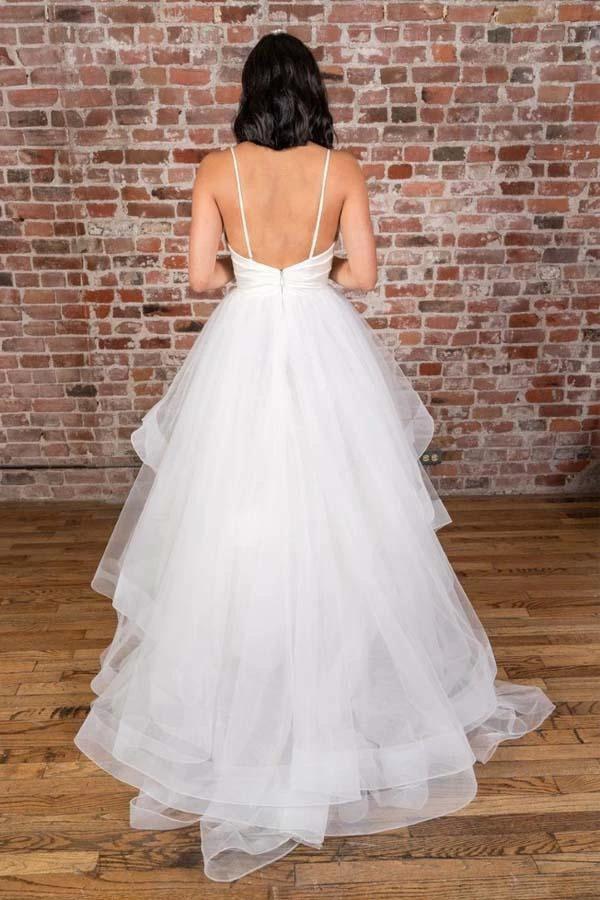 V-neck Straps Floor Length White Satin Wedding Dress with Ruffless (ZD15329)