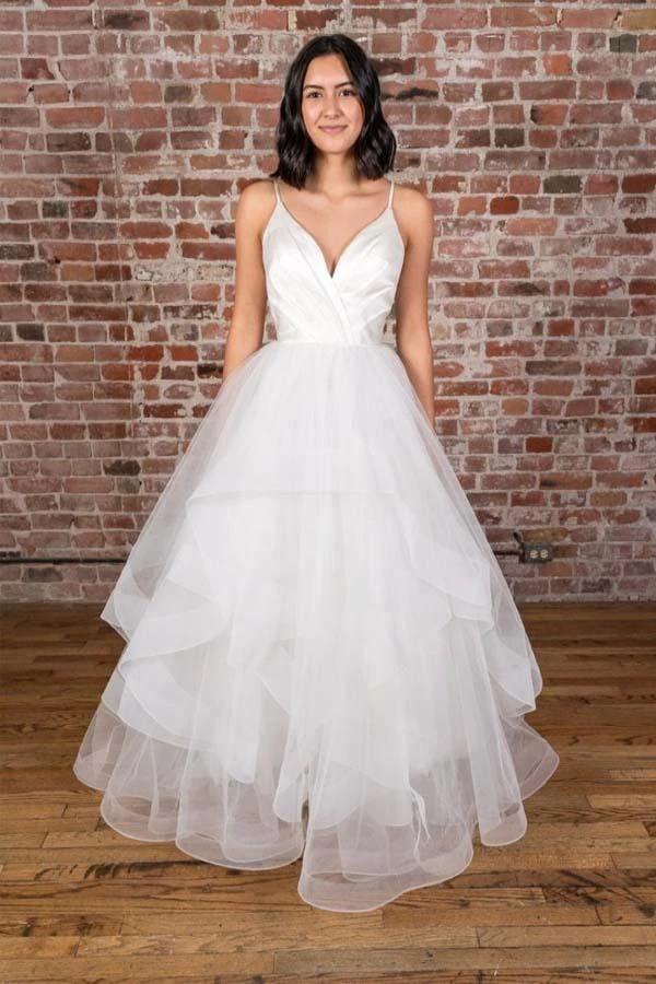 V-neck Straps Floor Length White Satin Wedding Dress with Ruffless (ZD15329) - VelvetHem