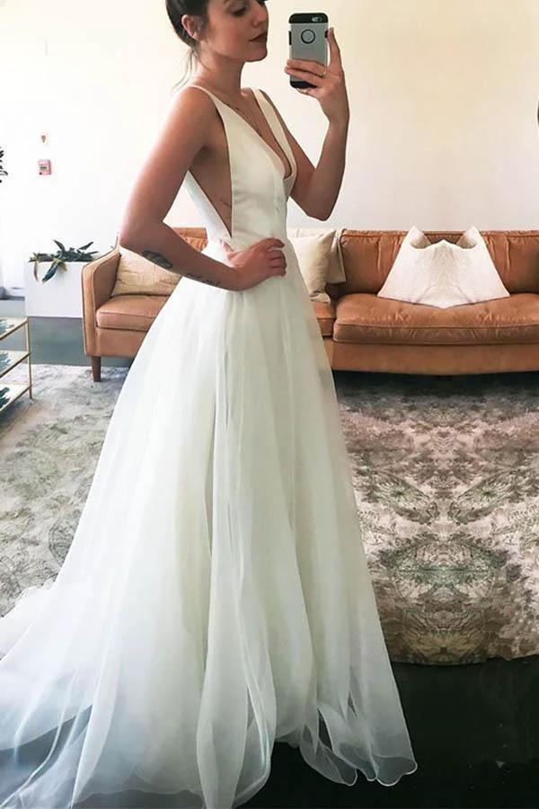 V-neck Straps Sweep-Train Sleeveless Ivory A-line Wedding Dress (ZD16372) - VelvetHem