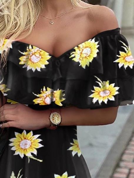 V Neck Sunflower Print Off The Shoulder Ruffle Dress