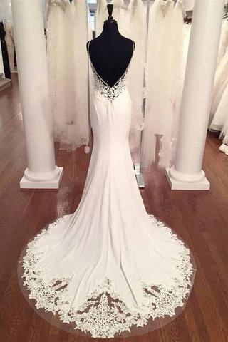 V-Neck Vintage Lace Mermaid Backless Beach Wedding Dress (ZD16036)