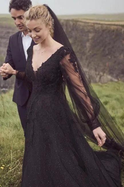Vintage A-Line Black V-neck Wedding Dresses With Long Sleeves (ZD14493) - VelvetHem