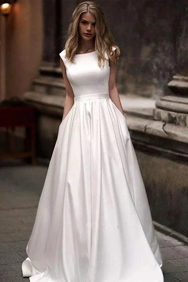 Vintage A-line Princess Ivory Satin Long Wedding Dresses with Pockets (ZD16291)