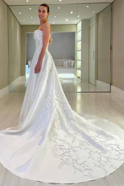 Vintage A-Line Satin Sleeveless White Long Wedding Dress With Appliques (ZD16652)