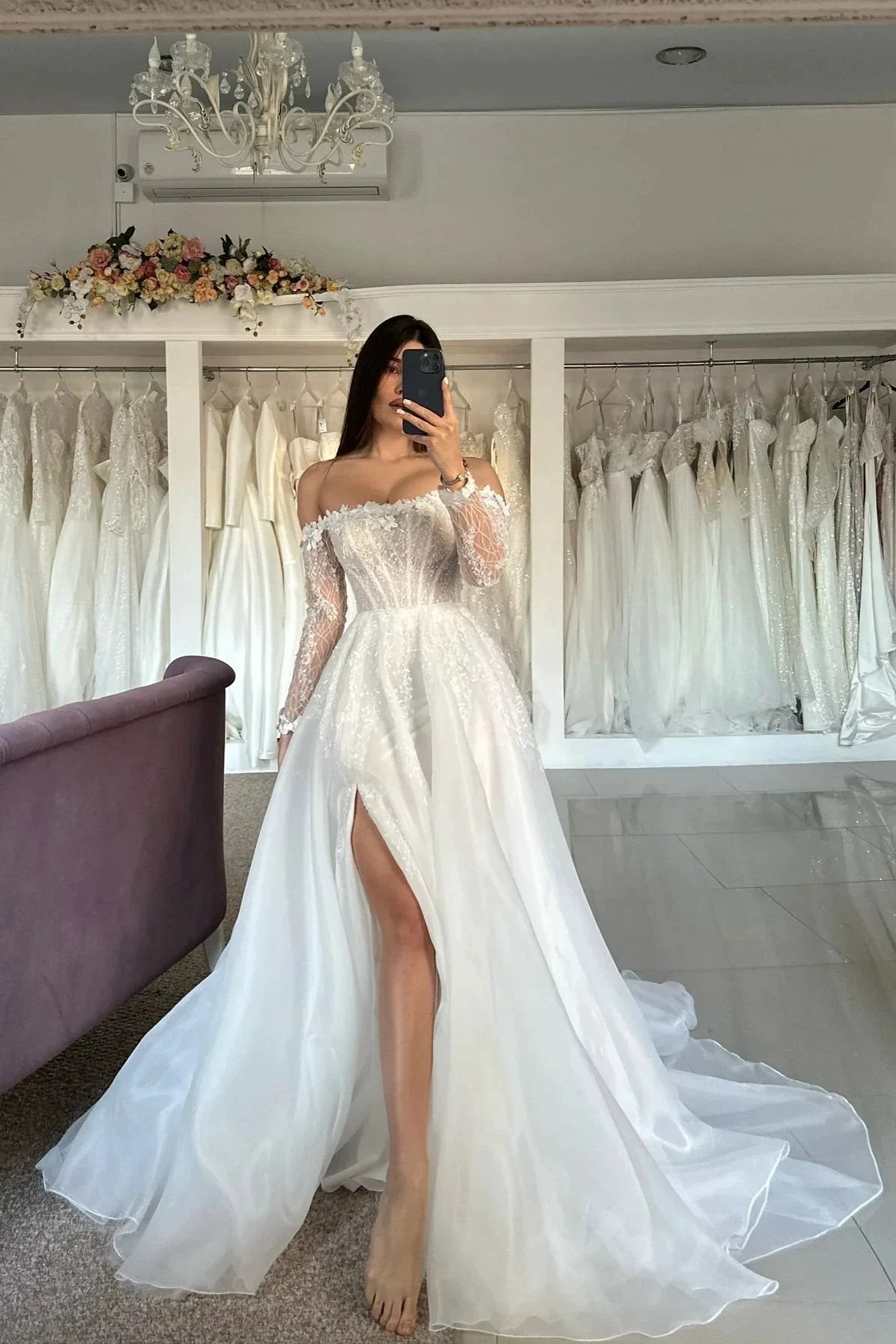 Vintage A-Line Tulle Lace Strapless Long Sleeve White Wedding Dresses With Split Front (ZD15542) - VelvetHem