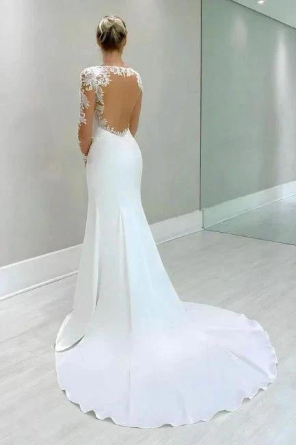Vintage Column Satin Lace Long Sleeve White Wedding Dress With Appliques (ZD16648)