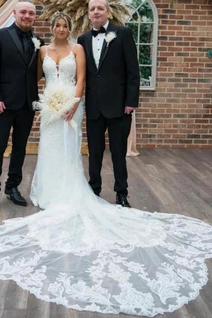 Vintage Column Tulle Lace Spaghetti Straps Sleeveless White Wedding Dress With Appliques Train (ZD15510)