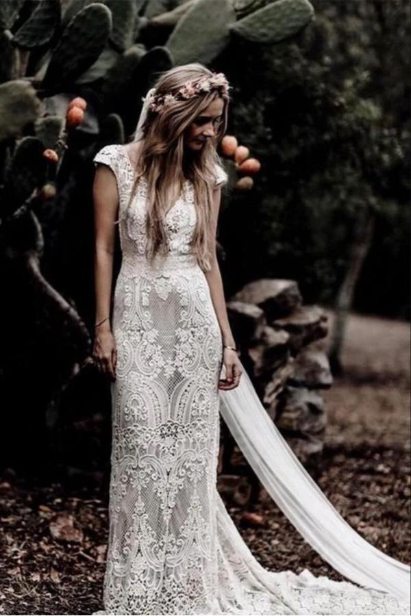 Vintage Lace Rustic Wedding Dresses Cap Sleeve Boho Wedding Gowns (ZD16248) - VelvetHem