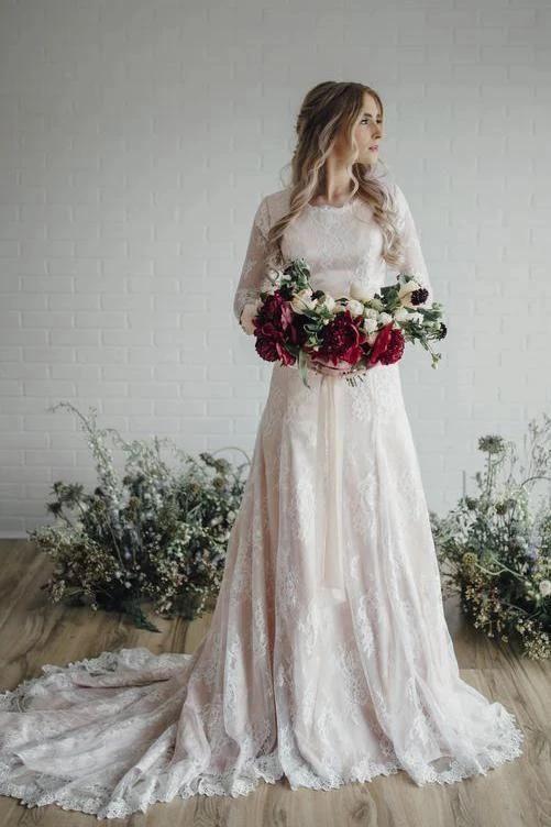 Vintage Long A Line Lace Wedding Dress with Sleeves (ZD15840) - VelvetHem