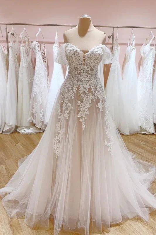Vintage Long A-Line Off-the-Shoulder Sweetheart Backless Tulle Wedding Dress (ZD15236) - VelvetHem