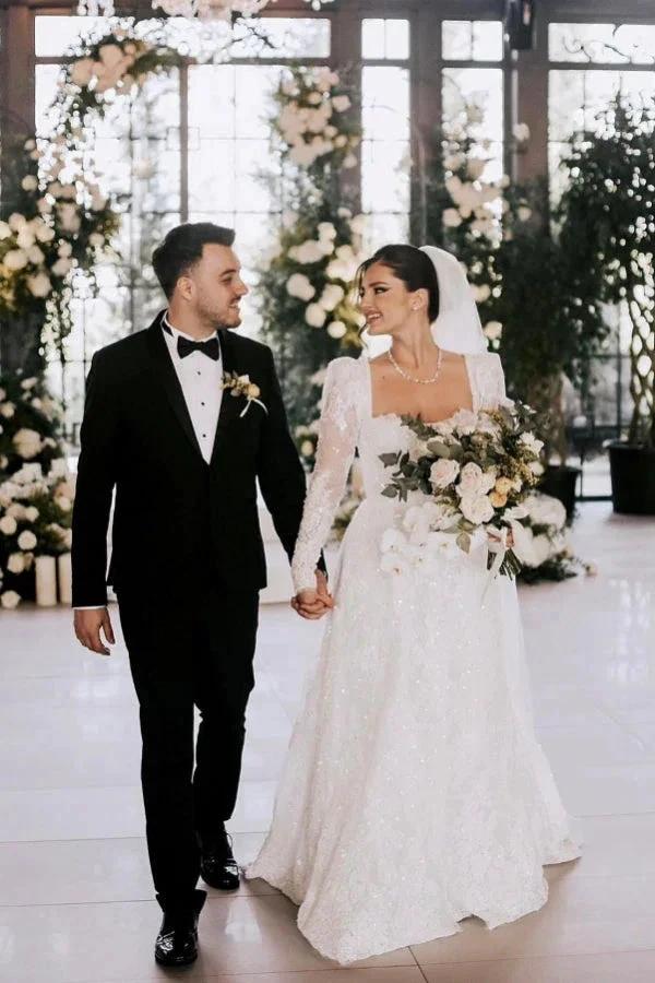 Vintage Long A-line Square Neck Lace Wedding Dress with Long Sleeves (ZD15507) - VelvetHem