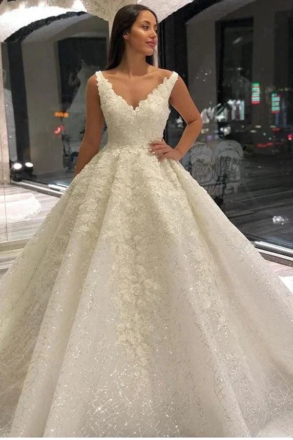 Vintage Long A-Line V-neck Appliques Lace Sequins Wedding Dress (ZD15101) - VelvetHem